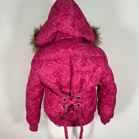 Vintage APPLE BOTTOMS pink gold fur lined hood jacket XL tie grommets puffer - Picture 2 of 10